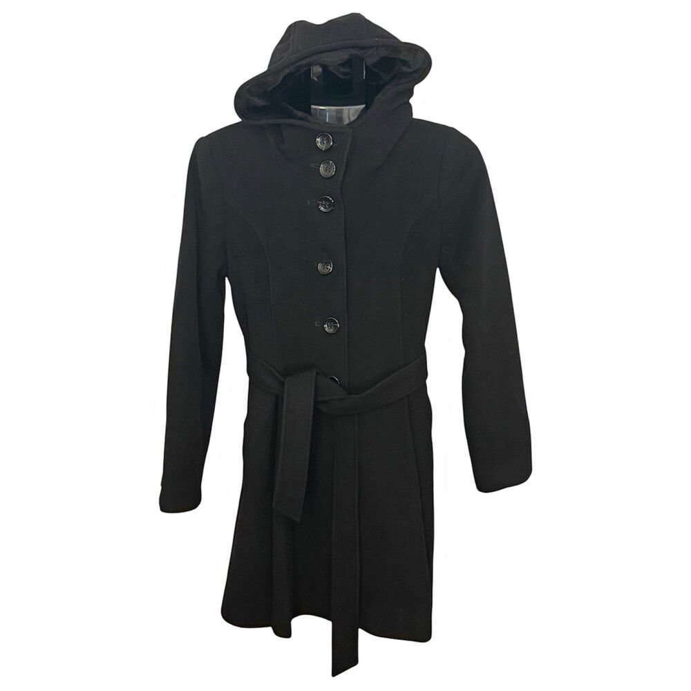 DKNY Women’s Black Hooded Belted Button Wool Blend Mid-Length Overcoat 4